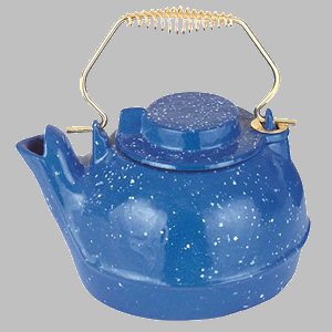 blue enamel coated three quart speckled kettle
