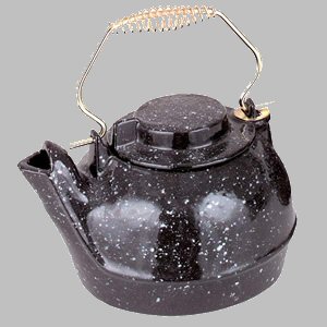 black enamel coated speckled three quart kettle