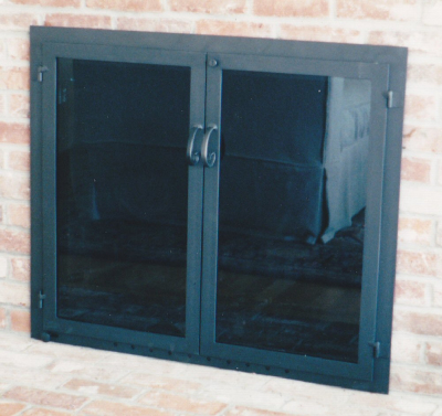 falmouth square all black finish twin doors on brick fireplace